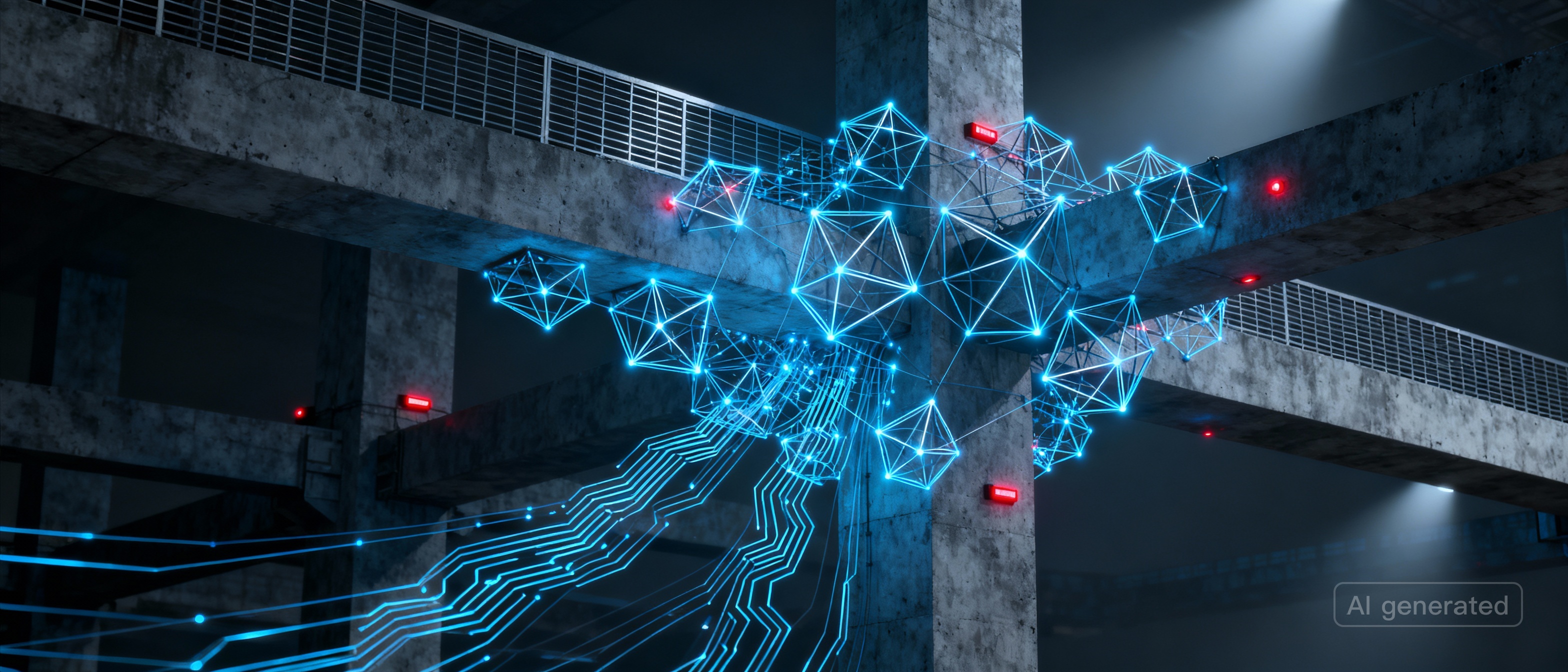 Abstract neon network spreading through concrete beams